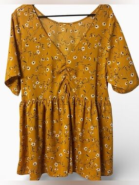 Mustard Floral Babydoll Top 2XL Boho Ditsy Daisy V Neck Flowy Blouse